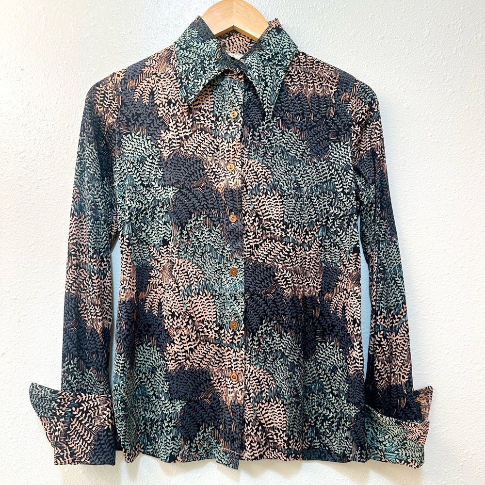 Rare Vintage 70s Disco Era Novelty Pattern Organic Fern Print Button Front Shirt